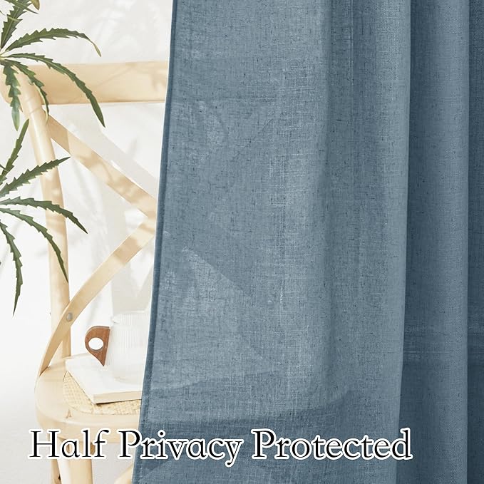 RYB HOME Semi Sheer Linen Curtains - Natural Vertical Boho Style Semi Transparent Privacy Drapes for Bedroom Dining Room Home Office Large Window, W 100 x L 90 inches, Stone Blue, 1 Panel