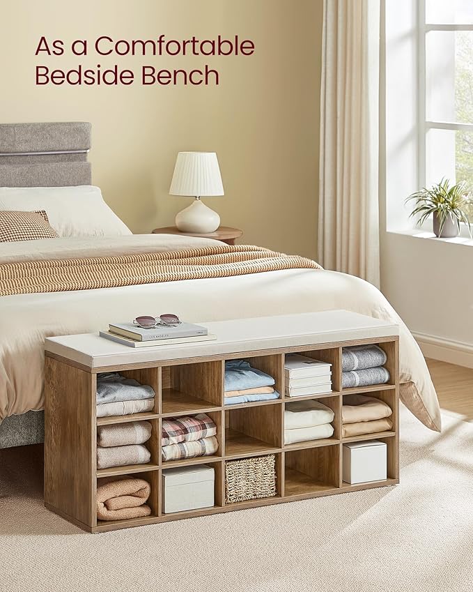 VASAGLE CUSTOS Collection - Shoe Bench, Storage Bench with Padded Seat, Entryway Bench with 15 Compartments, for Bedroom, 11.8 x 41.3 x 18.9 Inches, Honey Brown and Cappuccino Beige ULHS015K02