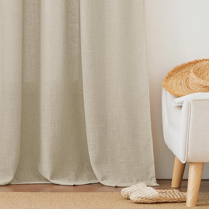 RYB HOME Linen Sheer Curtains for Living Room Bedroom Kitchen, Light Filtering Vertical Breathable Fabric Farmhouse Privacy Protection Window Drapes, W 60 x L 95 inches, Beige, 1 Panel