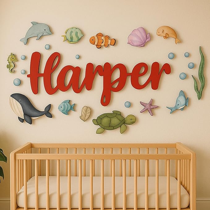 Custom Nursery Name Sign with Themed Decor Kit | Personalized Wooden Wall Art for Baby, Kids Room | Space, Jungle, Circus, Under the Sea, Woodland, Rainbow (10", Under the Sea)
