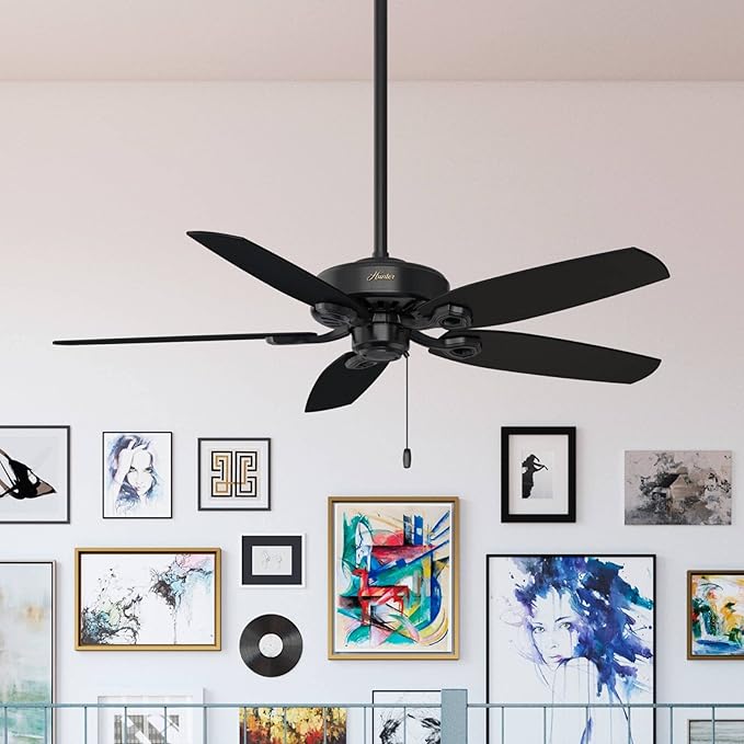 Hunter 52 inch Indoor Ceiling Fan No Light with Pull Chain - Black Ceiling Fan without Light, Standard Mount, 5 Blades, For Bedroom, Living Room, or Kitchen - Builder Elite 53243, Matte Black