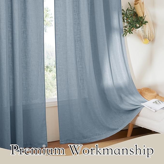 RYB HOME Flax Linen Curtains for Bedroom Bathroom Kids Room, Semi Sheer Light Filtering Privacy Assured Elegant Vertical Texture Modern Window Drapes, W 60 x L 95 inches, Dusty Blue, 1 Panel
