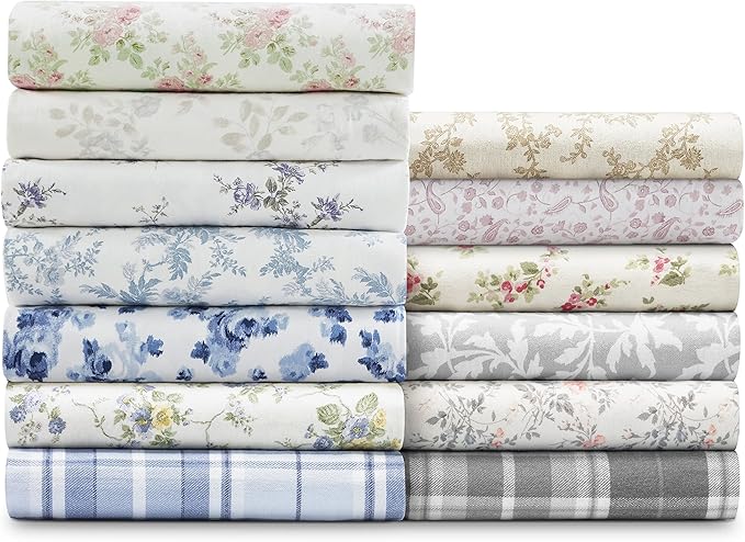 Laura Ashley - Flannel Sheets Queen Size, Anti-Pilling & Wrinkle Resistant Cotton, Touchably Soft for All-Season Comfort - Bed Sheets with Matching Pillowcases & Fitted Sheet (Mulholland Plaid Blue)