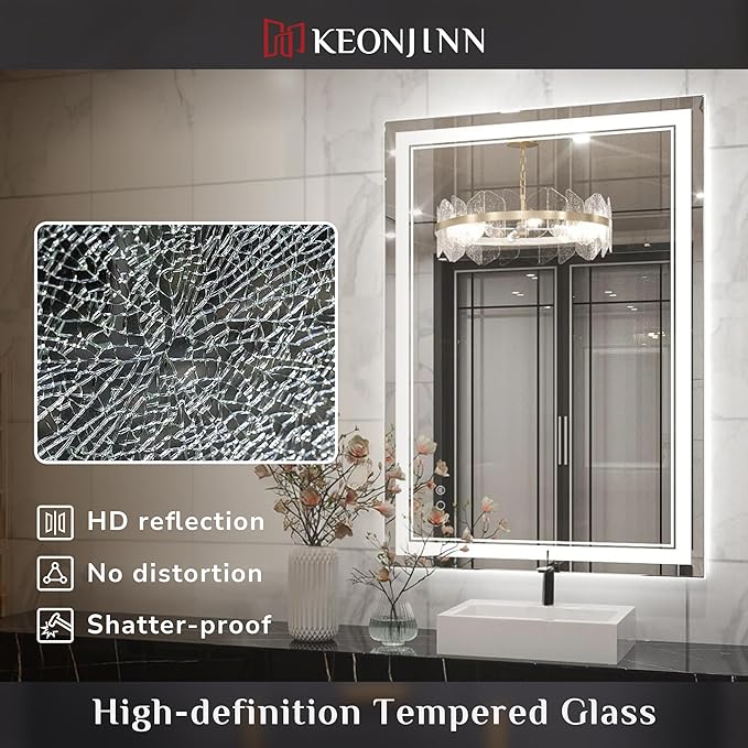 Keonjinn 72 x 32 Inch LED Bathroom Mirror with Lights, Large Wall Mounted Vanity Mirror, UL Listed LED Driver, HD Tempered Glass, Easy Installation, Anti-Fog, Memory Dimmable 6000K, CRI 90+