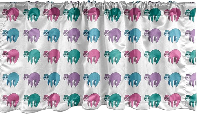 Ambesonne Funny Sloth Window Valance Pack of 2, Colorful Art Repeating Lazy Animal on Plain Backdrop, Rod Pocket Curtain Valances for Kitchen Bedroom, 54" X 12", Dark Seafoam Pink