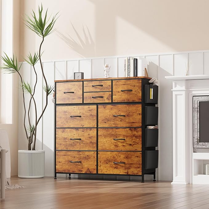 10 Drawer Dresser, Chest of Drawers for Bedroom, Fabric Dresser Drawers with Side Pockets, Hooks, Wooden Top and Sturdy Metal Frame for Living Room, Closet, Hallway (Brown)