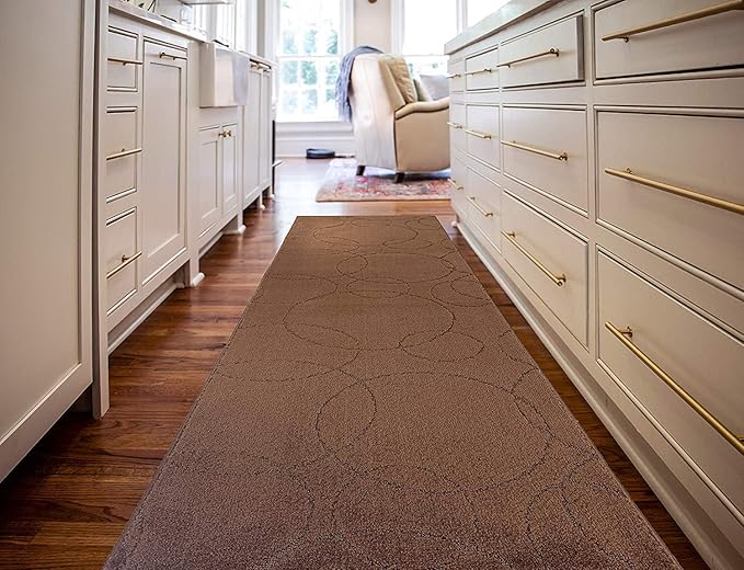 Custom Size Modern Geometric Pattern Carpet Runner Rug for Hallways, Slip Resistant Latex Rubber Backed, 31 inch Wide X Customized Length, Circles Brown, 31 inch X 14 feet