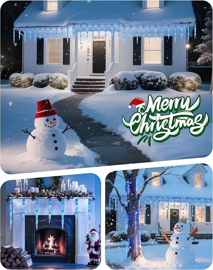Minetom Icicle Lights Outdoor with Clips, 20ft 100 LED 20 Tubes Twinkling Icicle Strings Connectable Waterproof Hanging Christmas Lights Plug in for Eave Outdoor, Blue and White