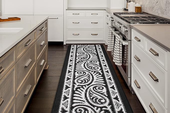 Custom Length Cut to Size Tribal Ethnic Southwestern Inspired Hallway Runner Rug, Non Slip Rubber Backed, 31 inch Wide X Customized Length, Mayan Black, 31 inch X 13 feet