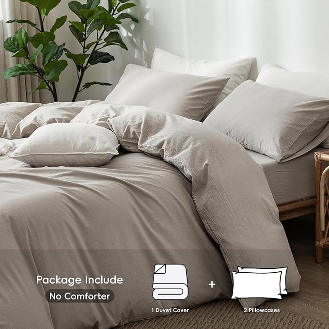 MooMee Bedding Duvet Cover Set 100% Washed Cotton Linen Like Textured Breathable Durable Soft Comfy (Heathered Cream Grey, Oversized Queen 98"x98")