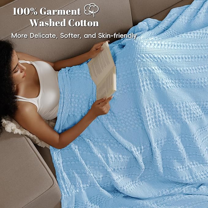 PHF 100% Cotton Waffle Weave Blanket Twin Size for Bed, Soft Lightweight & Breathable, All-Season Comfort, Luxury Aesthetic Woven Bedding for Home Decor, 66"x90", Sky Blue