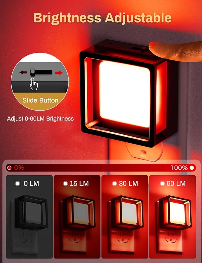 DORESshop Red Night Light [2 Pack], Night Lights Plug Into Wall, Night Light Dusk to Dawn Sensor, LED NightLight Adjustable Brightness, Bedroom, Bathroom, Hallway, Stairs, Christmas, Party