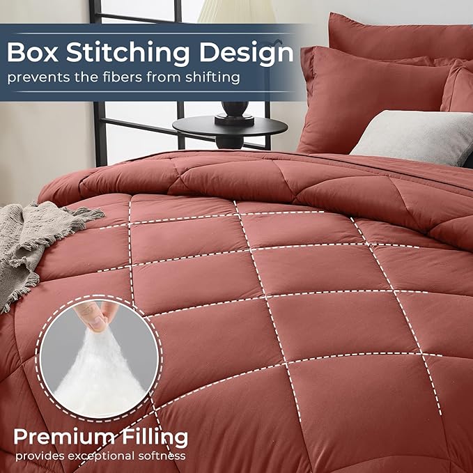 HEVUMYI Terracotta Queen Comforter Set - 7-Piece All Season Bed in a Bag Queen, Ultra Soft Bedding Set with Comforter, Flat Sheet, Fitted Sheet, Pillowcases, Pillow Shams