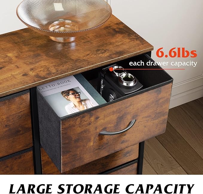 WLIVE 6 Drawer Dresser for Bedroom, Fabric Double Dresser, Storage Tower with Fabric Bins, Chest of Drawers for Closet, Living Room, Hallway, Rustic Brown Wood Grain Print