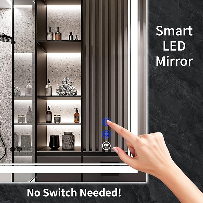36"x24" LED Bathroom Mirror with Anti-Fog, Stepless Dimmable Lights, 3 Color Modes, Shatter-Proof Tempered Glass, Memory Function & Waterproof Design