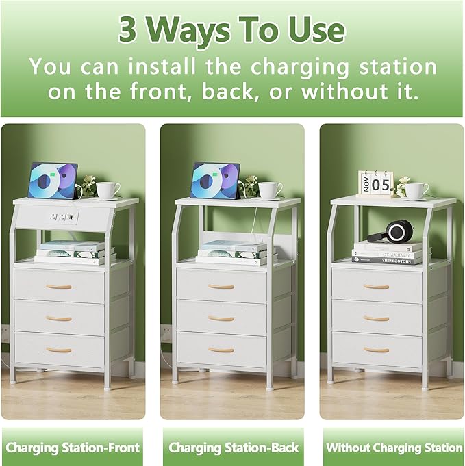 Furnulem Night Stand with Charging Station, 28.3 Inch Tall Bedside Table with PVC Drawers, End Table with USB Ports and Outlets, 3 Fabric Drawer Storage Nightstand for Bedroom, 3 Ways to Use, White