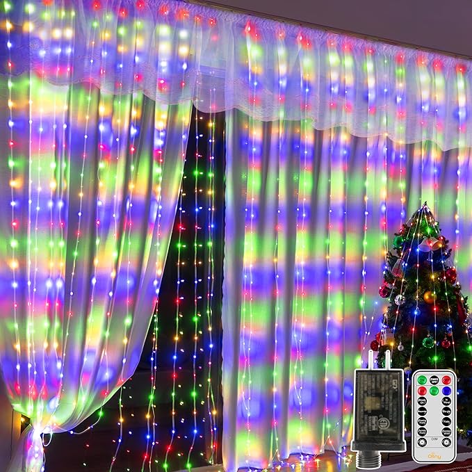 Ollny Curtain Lights 600LED 19.7ft x 9.8ft, IP67 Waterproof Outdoor Curtain Rice Lights with Remote, Plug-in Untangle Fairy Light with 8 Modes 3 Timers for Wall Waterfall Backdrop Decor(Multicolored)