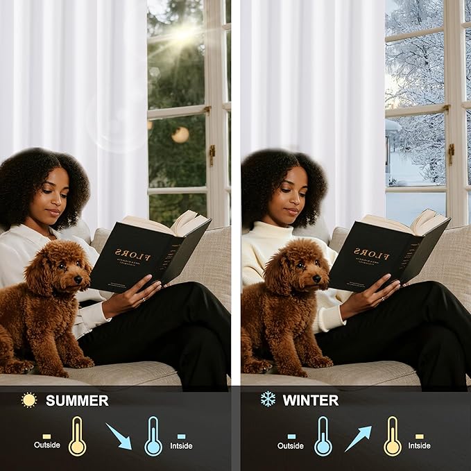 NICETOWN 100% Blackout Window Curtain Panels 90 inch Length for Living Room, Set of 2, Snow White, 55 inches Wide, Thermal Insulated Extra Long Drapes for Patio Sliding Door