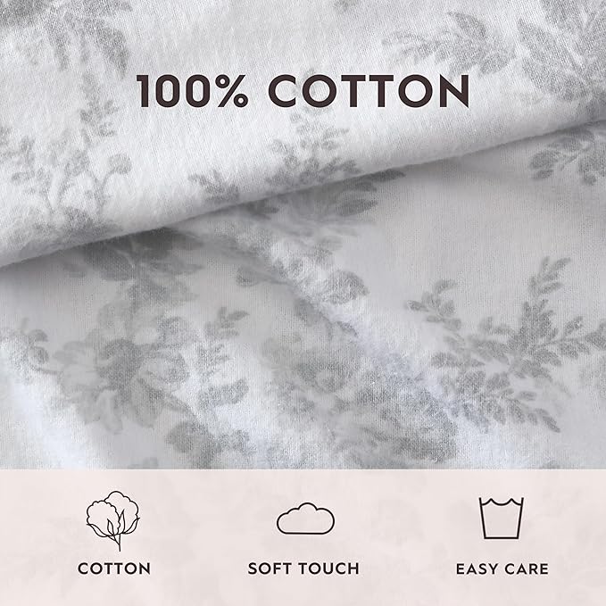 Laura Ashley - Flannel Sheets King Size, Anti-Pilling & Wrinkle Resistant Cotton, Touchably Soft for All-Season Comfort - Bed Sheets with Matching Pillowcases & Fitted Sheet (Vanessa Grey)
