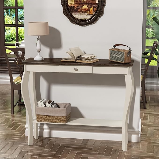 ChooChoo Narrow Farmhouse Console Table with Drawer, Chic Accent Sofa Entryway Table with Shelves for Entryway, Living Room, Hallway, Soft White