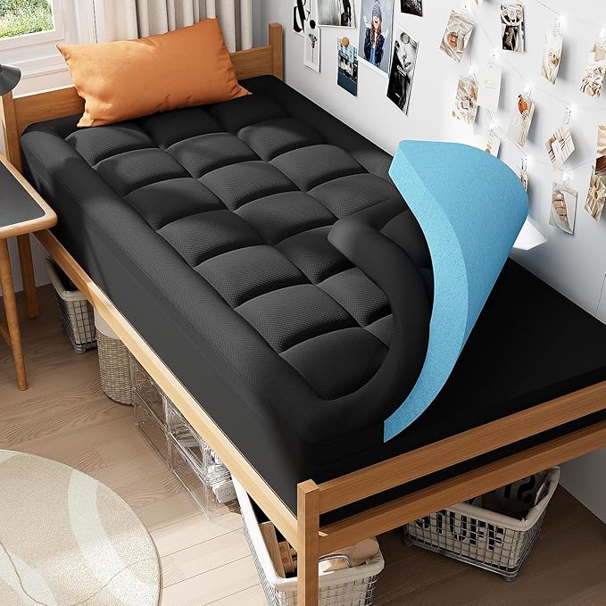 ELEMUSE 3 Inch Dual Layer Memory Foam Mattress Topper Twin XL, Dorm Room 2 Inch Cooling Gel Memory Foam Plus 1 Inch Down Alternative Pillowtop Mattress Pad,College Essential, Comfort Support, Black