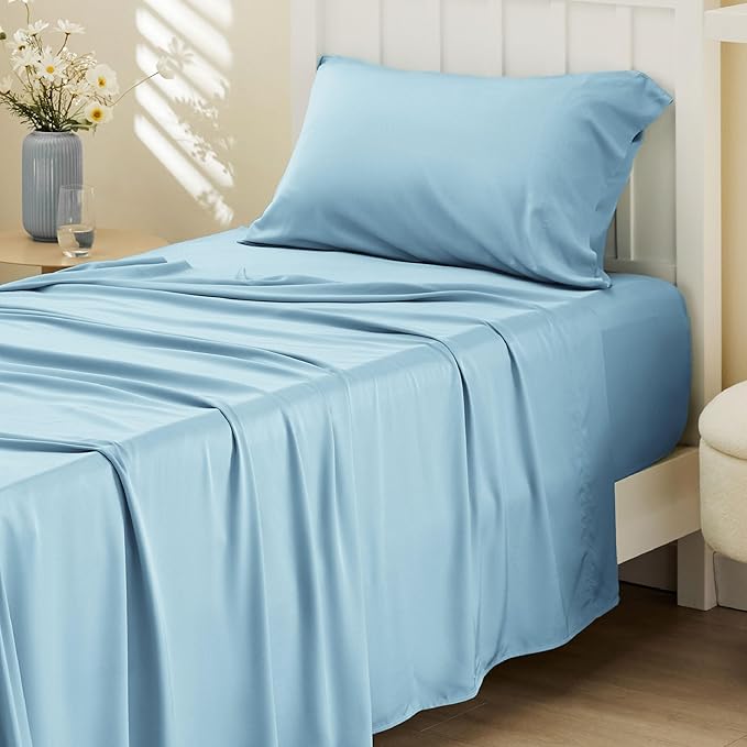 Bedsure Cooling Sheets Twin, Rayon Derived from Bamboo, Breathable & Soft Twin Sheets Set, Deep Pocket Up to 16 Inches, Hotel Luxury Silky Bedding for Hot Sleepers, Aqua