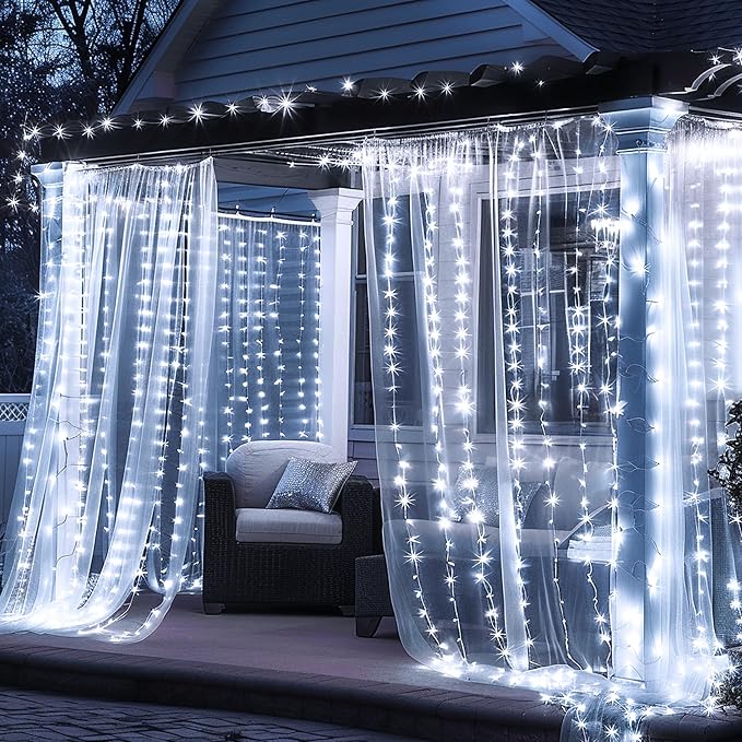 FUNPENY Window Curtain String Lights, 300 LED 8 Lighting Modes Fairy Lights USB Powered, Waterproof Lights for Christmas Bedroom Party Wedding Home Garden Wall Decorations (White)