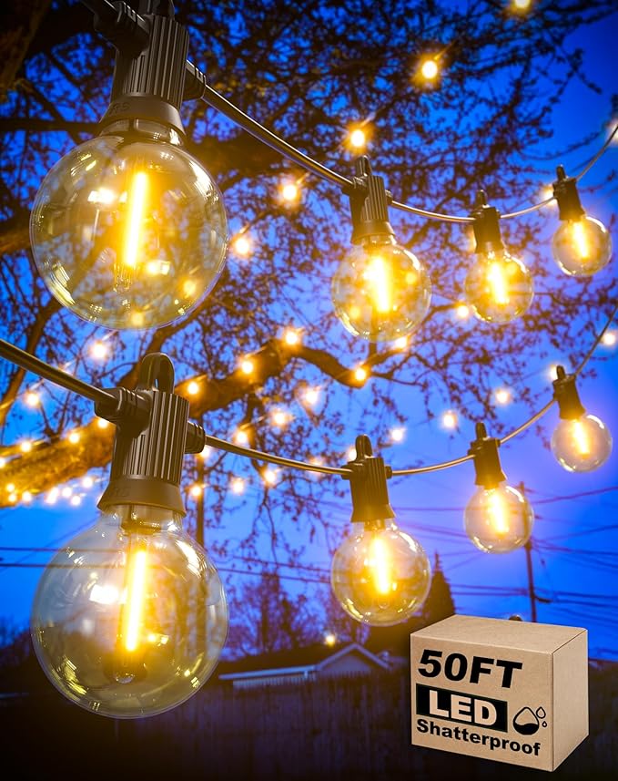Outdoor String Lights, 50FT Patio Lights Outdoor Waterproof with 27 Shatterproof G40 Globe Bulb(2 Spare), Connectable Dimmable LED String Lights for Outside Backyard Porch Balcony Party, 2700K
