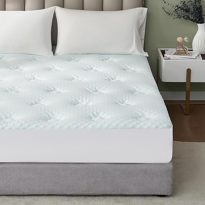 Hansleep Queen Mattress Topper Viscose Derived from Bamboo, Memory Foam Pillow Top Mattress Topper Queen with Deep Pocket, Breathable Mattress Pad for Back Pain Relief, 60" x80", White