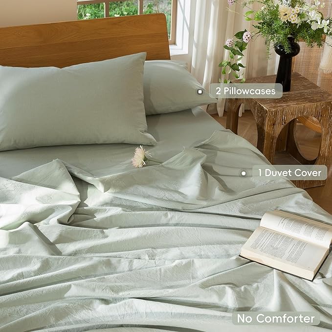 MooMee Bedding Duvet Cover Set 100% Washed Cotton Linen Like Textured Breathable Durable Soft Comfy (Heathered Sage Green, Alaska King 132"x120")