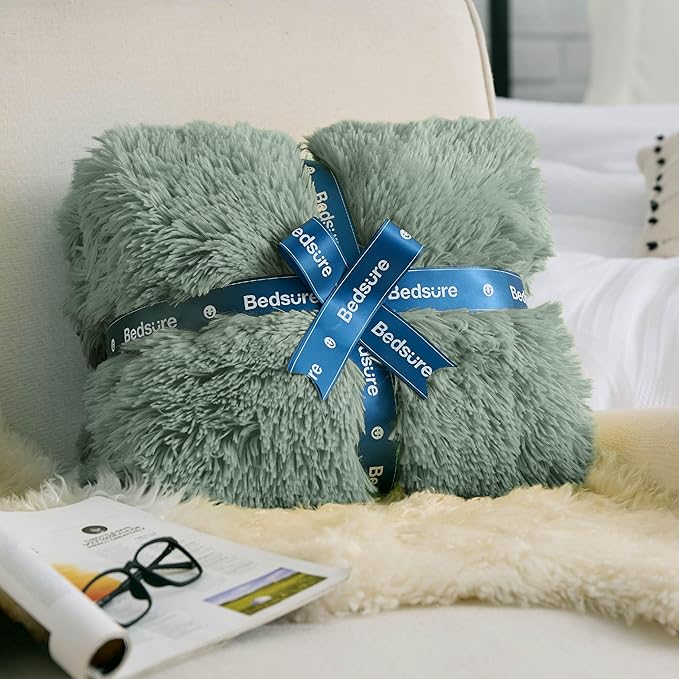 Bedsure GentleSoft Fluffy Sage Green Blankets Queen Size for Bed, Thick Sherpa Faux Fur Fleece Fuzzy Plush Winter Warm Soft Queen Blankets, Bedroom Decor Sage Green Cozy Gifts for Women Men, 90x90