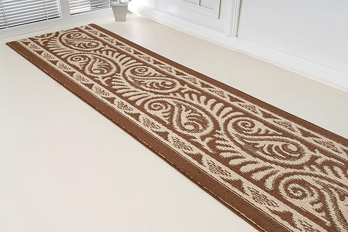 Custom Length Cut to Size Tribal Ethnic Southwestern Inspired Hallway Runner Rug, Non Slip Rubber Backed, 31 inch Wide X Customized Length, Mayan Brown, 31 inch X 4 feet, Doormat Size