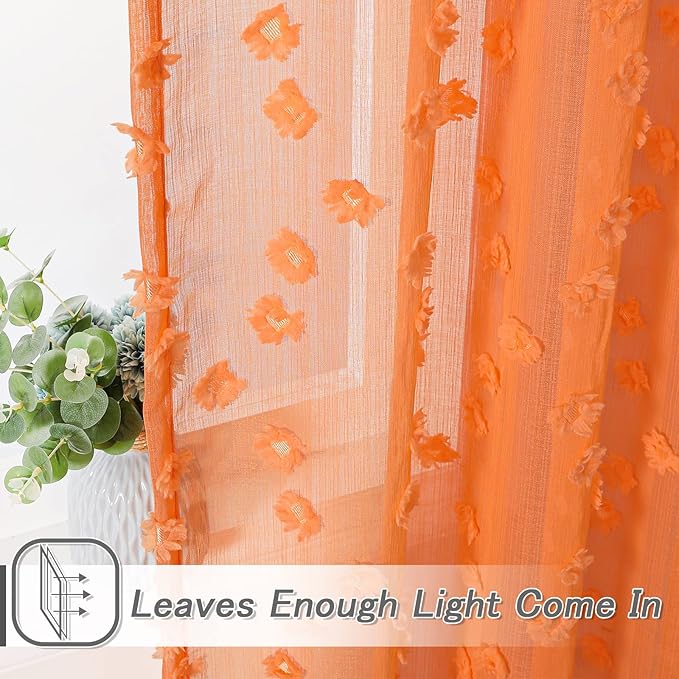 MYSKY HOME Pom Pom Orange Sheer Curtains for Bedroom Girls Room 120 Inch Curtains for Nursery Kids Light Filtering Boho Window Drapes, Rod Pocket, 52" Wide, 2 Panels