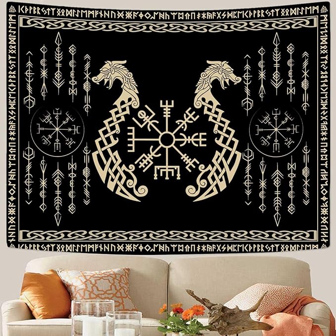 OSUNBD Nordic Vikings Tapestry, Large 10670 inches Soft Flannel, Vegvsir Symbol Twins Dragons Celtic Rune Scandinavian Aesthetic Mythology Tapestry Wall Hanging for Bedroom Living Room Decor