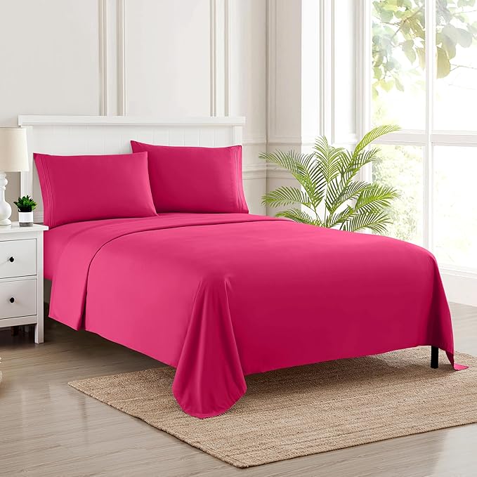 Sweet Home Collection Full Size Sheet Set with Built-in Sheet Straps - Deep Pocket Fitted Sheet, Flat Sheet & Pillowcases - Soft, Wrinkle-Free, Secure Fit - Fuschia