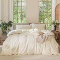 MooMee Bedding Duvet Cover Set 100% Washed Cotton Linen Like Textured Breathable Durable Soft Comfy (Solid Cream White, Super Queen 90"x98")