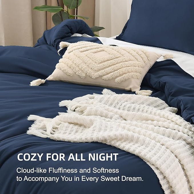 Litanika Navy Blue Comforter Set Queen Size, 3 Pieces Lightweight Solid Bedding Comforter Set, All Season Fluffy Bed Set (90x90In Comforter & 2 Pillowcases)