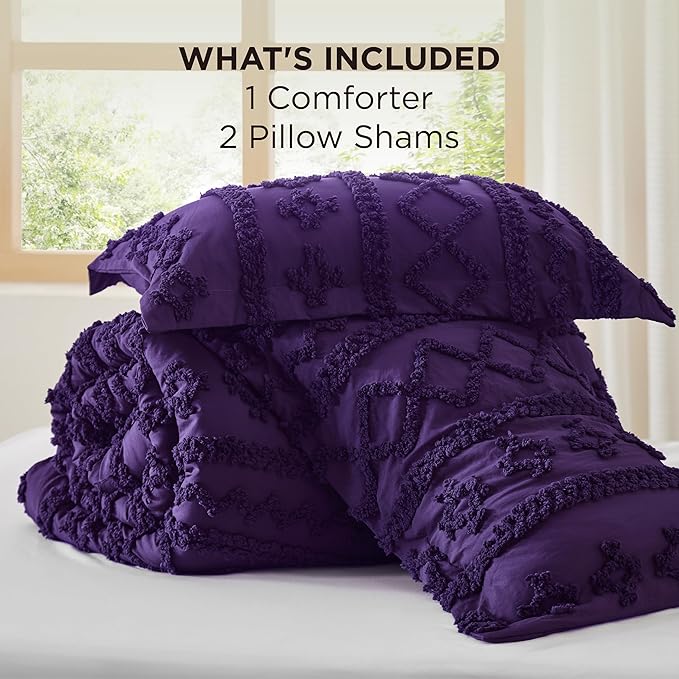 Bedsure Tufted Boho Comforter Set Queen Size - Purple Boho Bed Set, GentleSoft™ 3 Pieces Farmhouse Shabby Chic Embroidery Bedding, Gifts for Woman, Soft Jacquard Queen Comforter for All Seasons