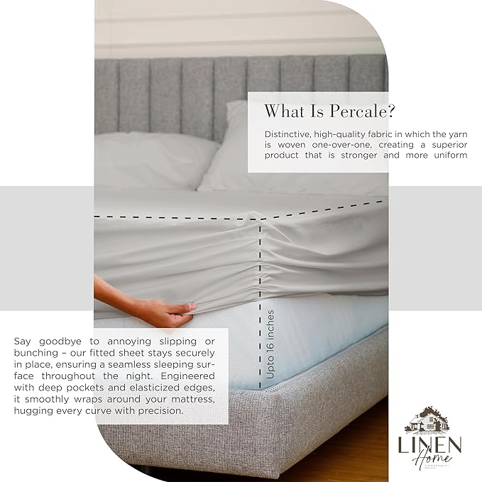 Linen Home 100% Cotton Percale Sheets Queen Size, Silver, Deep Pocket, 4 Pieces Set - 1 Flat, 1 Deep Pocket Fitted Sheet and 2 Pillowcases, Crisp Cool and Strong Bed Linen