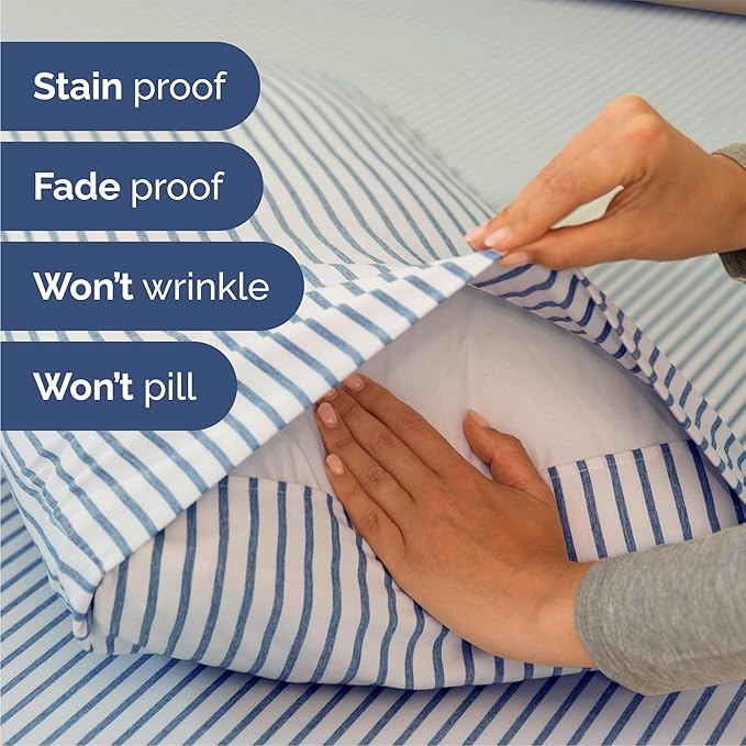 Queen Size 4 Piece Sheet Set - Comfy Breathable & Cooling Bed Sheets Set - Hotel Luxury Bedding for Women, Men, Kids, Teens, Boys & Girls - Deep Pockets, Soft, Wrinkle Free - Oeko-Tex - Blue Stripes 2