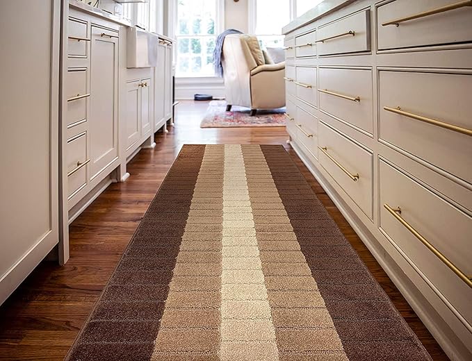 Custom Size Modern Geometric Pattern Carpet Runner Rug for Hallways, Slip Resistant Latex Rubber Backed, 31 inch Wide X Customized Length, Squares Brown, 31 inch X 6 feet