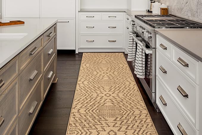 Custom Length Cut to Size Tribal Ethnic Southwestern Inspired Hallway Runner Rug, Non Slip Rubber Backed, 31 inch Wide X Customized Length, Inca Tan, 31 inch X 10 feet