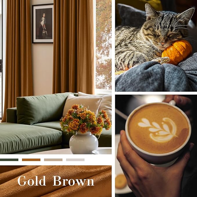 Lazzzy Velvet Blackout Curtains Thermal Insulated Room Window Drapes Super Soft Luxury Curtains for Living Room Bedroom Rod Pocket 2 Panels, Gold Brown, 52" W x 108" L