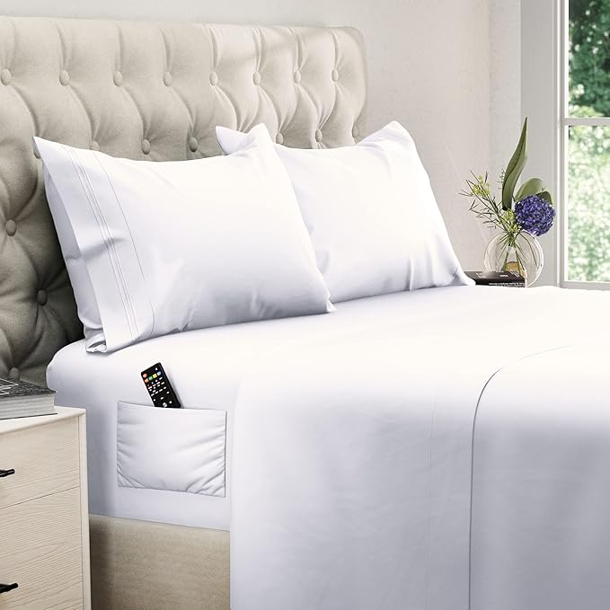 DREAMCARE Twin XL Sheet Set - Cooling Bed Sheets - 4pc Set - Up to 15" Deep Pocket Sheets - Soft & Long Lasting 100% Fine Brushed Polyester with Side Pocket - White