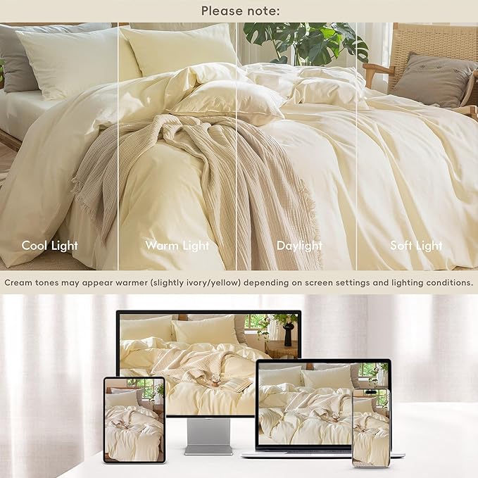 MooMee Bedding Duvet Cover Set 100% Washed Cotton Linen Like Textured Breathable Durable Soft Comfy (Solid Cream White, Alaska King 132"x120")