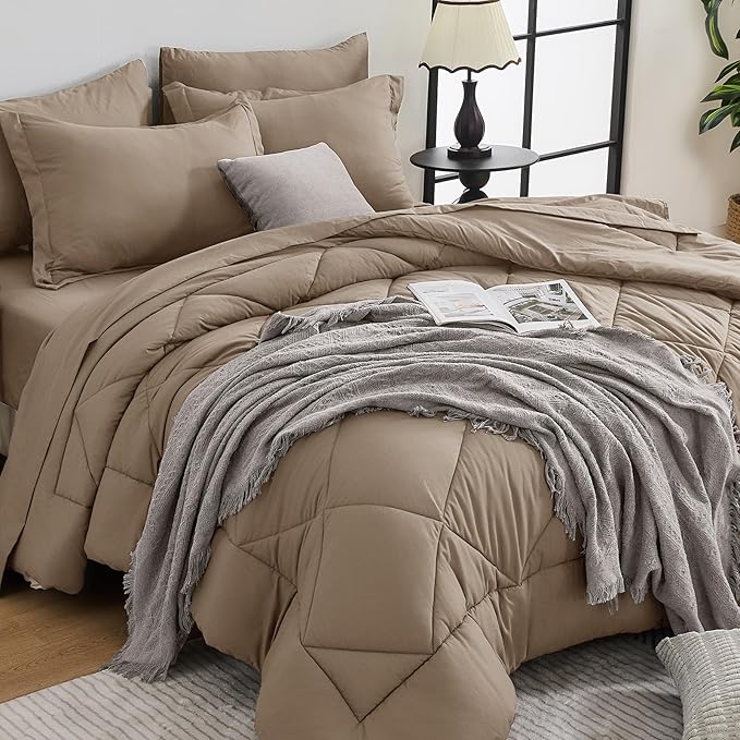 HEVUMYI Khaki Twin-XL Comforter Set - 5-Piece All Season Bed in a Bag Twin-XL, Ultra Soft Bedding Set with Comforter, Flat Sheet, Fitted Sheet, Pillowcases, Pillow Shams