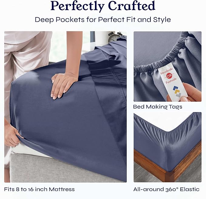 California Design Den 6-Pc King Size Sheet Set with 4 Pillowcases - Soft 400 Thread Count 100% Cotton Sheets, Cooling Sateen Weave, Luxury Deep Pocket Bedsheets Set - Indigo Dusty Blue