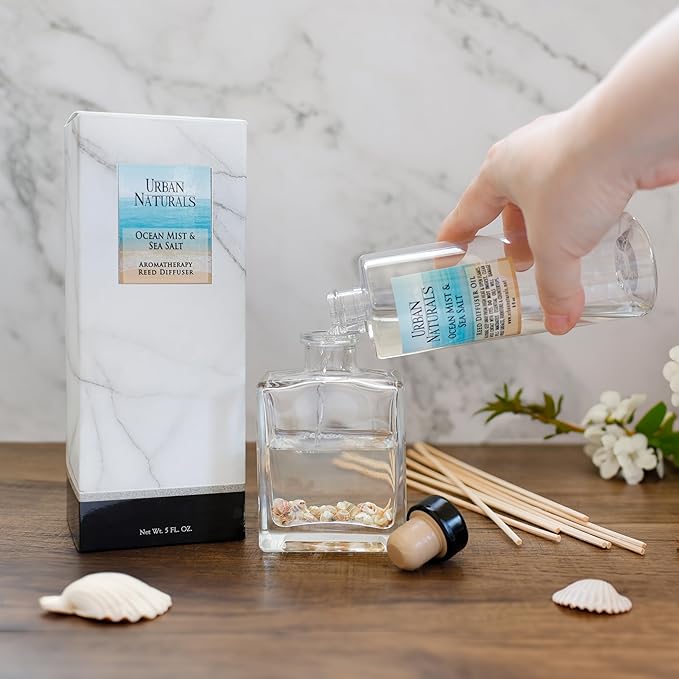 Urban Naturals Eucalyptus Sage Reed Diffuser Oil Gift Set – Eucalyptus, Sage, Mint, Lime & Cedarwood Essential Oils– Relaxing Scent – Sleek Rectangular Refillable Glass Bottle – Made in The USA