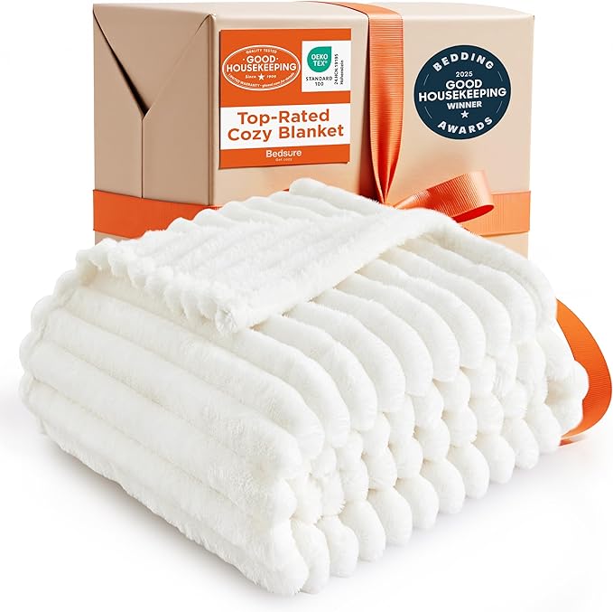Bedsure GentleSoft White Throw Blanket for Couch - Cozy Blanket for Women, Cute Fleece Throw for Girls, Christmas Birthday Gifts for Women Men Teen, Room Home Boho Fall Decor, Off White, 50x60 Inches