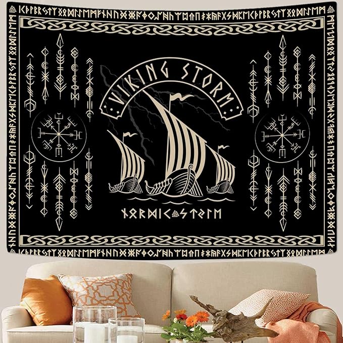 OSUNBD Viking Warship Tapestry Wall Hanging - Large 108x90 inches Storm & Celtic Runes on Soft Flannel Aesthetic Mythology Tapestries Norse Mythology Art for Bedroom, Living Room Decor